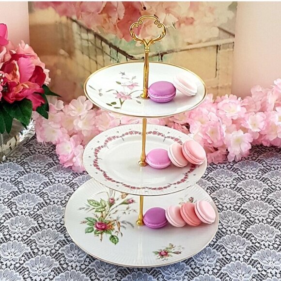 Handmade Pink Floral 3 Tier Cake Stand, Afternoon Tea Dessert Sandwich Tray Gift - Picture 3 of 10